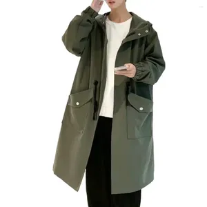 Casacos de Trench Masculinos Plus Size Coreano Homens Jaqueta Casaco Com Capuz Solto Comprimento Médio À Prova de Vento Zíper Elástico Manguito Streetwear Longo