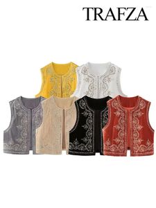 Women's Vests TRAFZA Women Fashion Vintage O Neck Sequins Flower Embroidery Vest Cardigan Sleeveless Casual Velvet Waistcoat Streetwear