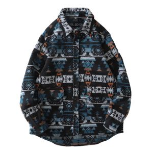 Men's Fur Faux Patchwork Color Aztec Retro Geometric Pattern Men Shirt Thick Casual Baggy Big Pockets Harajuku High Street Autumn Streetwear 231213