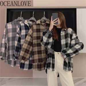 Women's Blouses Shirts OCEANLOVE Blouses Women Tops Plaid Contrast Color Korean Fashion Autumn Winter Shirts Vintage Loose Simple Blusas Feminina YQ231214