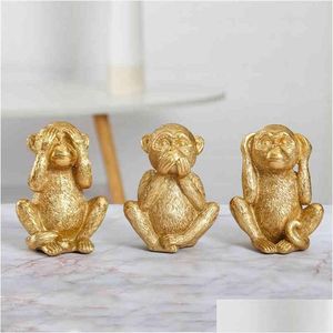 Oggetti decorativi Figurine Resina Not Listen See Talk Scimmia dorata Miniature Home Decor Camera da letto Corridoio Scpture Ornamenti 21081 Dhbie