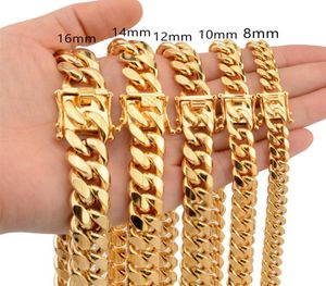 8 mm 10 mm 12 mm 14 mm 16 mm Miami Cuban Link łańcuchy ze stali nierdzewnej męskie 14 -karne złote łańcuchy Wysokie wypolerowane punkowe naszyjniki 28494371703