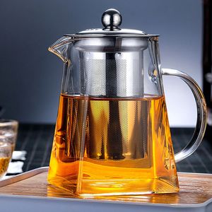 水ボトルティーポットグラスインファザー加熱耐性コンテナ花茶ハーブポットマグカップクリアケトルスクエアティーウェアY231214