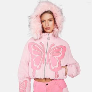 Women's Down Butterfly Printed Rhinestone Parka Winter Coat Pink Casual Fur Hooded Streetwear Crop Quilted Jacket Women Bomber Cute Cloth