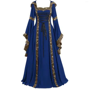 Casual Kleider Plus Größe 5XL Frauen Mittelalterlichen Bodenlangen Kleid Cosplay Kostüme Lange Glockenärmel Spitze-Up Prinzessin Retro Gothic