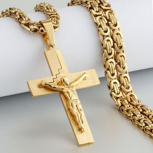 Män 14K gul guld byzantinsk länkkedja halsband graverade trappor korsfix Jesus kors hänge halsband katolska smycken