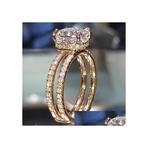 Bröllopsringar 14K Gold Double Diamond Crown Ring Princess Förlovningsringar för kvinnor Ladies Fashion Jewelry Drop Leverans smycken Rin DHY76