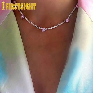 Chokers Iced Out Bling Rainbow Red Green Blue White Cz Heart Necklace 2mm Tennis Chain Gold Color Girl Choker Women Syckel 231214