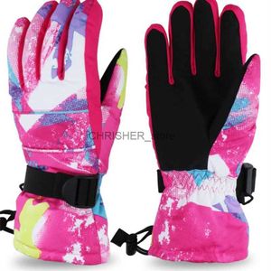 Ski Gloves Winter Ski Gloves for Women Non-Slip Leather Palm Outdoor Biking Climbing Windproof Warm Thickened Gloves Pink GraffitiL23118
