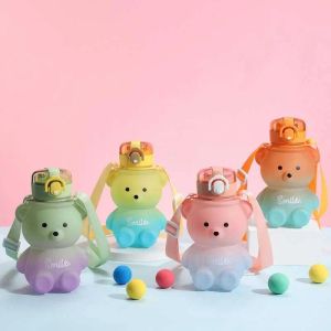 0.8L 곰 밀짚 물병 여름 야외 대용량 플라스틱 빨대 컵 귀여운 어린이 워터 컵 kawaii 곰 케틀