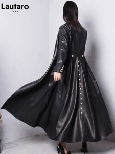 Damen-Trenchmäntel Lautaro Herbst-Trenchcoat aus Kunstleder mit langem Rock in Rot und Schwarz für Damen, zweireihig, elegant, luxuriös, modisch, 4XL, 5XL, 6XL, 7XL, 231213