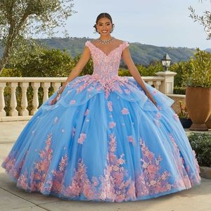 Sky Blue V-Neck Ball Gown Quinceanera Dresses Beaded Celebrity Party Gowns Applique Flower Graduation Vestido De 15 Anos Robe De