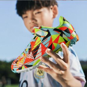 Kids Hook Loop Fastener Professional Training TF Football Shoes Lightweight Anti Slip Football Footwear Fashion Printed Sneaker