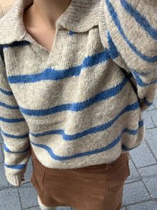 Suéter feminino gola polo contraste listra manga comprida suéter feminino solto quente pulôver 2023 outono moda feminina rua jumper 231214