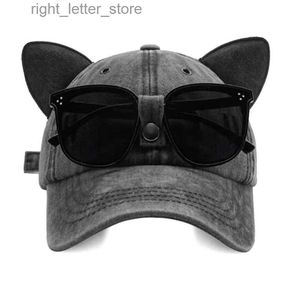 Ball Caps Girls Cat Ears Солнцезащитные очки розовая бейсболка INS Personality Ins Trendy Cool Girl Cap вымытая в ретро хлопковое бейсбольное шляпа YQ231214