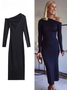 Urban Sexy Dresses Traf Asymmetric Silm for Women Black Off Shoulder Long Sleeve Midi 2024 Autumn Elegant Party Robe 231213