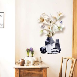 Chinese Style Porcelain Vase White Flowers Butterfly Wall Stickers for Living Room Dining Room Home Decorative Stickers Decals