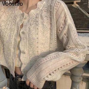 Kvinnors stickor Autumn Sweet Hollow Out Sticked Cardigan Women Elegant Vintage Beading Loose Sweaters Spring Female Chic Fairy Outwear Jumpers