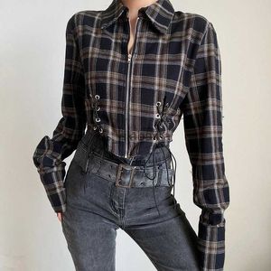 Women's Blouses Shirts Vintage Plaid Shirts Women Crop Tops Spring Autumn All-match Chic Drawstring Long Sleeve Zipper Female Blouses Streetwear YQ231214