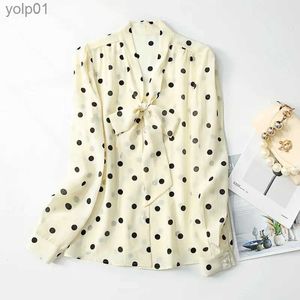 Kadınlar bluz gömlekleri kuşsky 1 adet kadın bluz üstü kazık üst v boyun eğme kravat uzun sle 100 gerçek lberry ipek polka dot S-663L231214