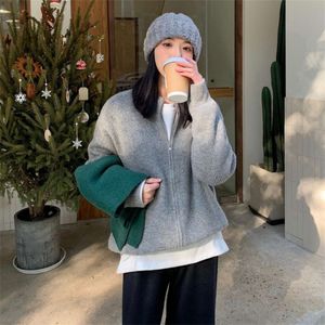 Korean Version Zippered Solid Color Sweater Knitted Cardigan Women's New Autumn 2022 Bf Lazy Casual Loose Jacket Top