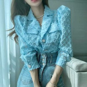 Women's Blouses Shirts Spring Milk Soft Blue White Suit Collar Chic Single-Breasted Three-Dimensional Diamond Plaid Long sleeve Shirts Top YQ231214