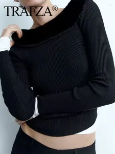 Suéteres femininos trafza 2023 outono mulheres pullovers de malha artificial gola de pele bainha camisola mulher sexy magro ajuste versátil feminino
