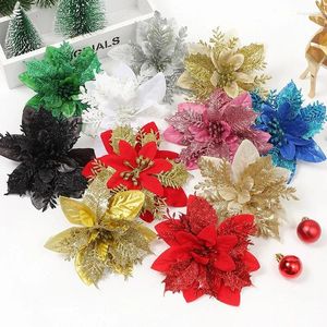 Flores decorativas 14cm glitter artificial natal enfeites de árvore de natal feliz decorações para casa decoração do ano presentes navidad