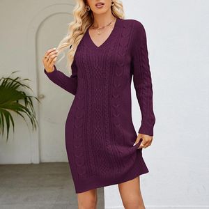 Kvinnors tröjor Kvinnor Kort tunikklänning Långärmad damer BASIC CROCHET PULLOVERS SEXY V Neck Solid Color Loose Fit Vacation Outfit