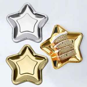 Diminuiço de jantar descartável 10pcs Plato de papel descartável prata dourada de cinco pontas de festas de festas de casamento de aniversário de prata dourada 231213