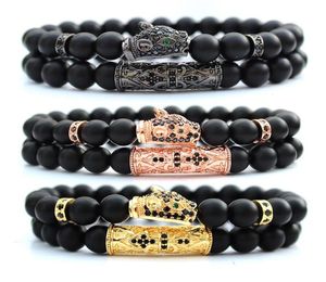 Naturalne czarne kamienne koraliki pulseras hombre męska biżuteria lampart bransoletka 2pcsset Braclet dla mężczyzn biżuteria Bracciali Armbanden20666538538