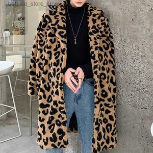 Mäns päls faux päls streetwear ytterkläder älskare överrock leopard tryck vindbrytare män beläggning vintage leopard faux päls lösa lång dike jacka man q231212