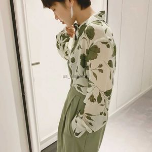 Women's Blouses Shirts Women's Shirt Blouses Top Spring Summer Clothing Oversize Long Sleeve Cardigan Chiffon Green Floral Print Plaid Beach Office Za YQ231214