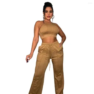 Calças femininas de duas peças 2 conjuntos sexy sem mangas colheita tank top longo roupas elegantes para mulheres festa clube combinando malha ribtted tracksuit