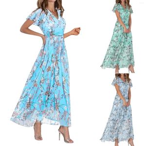 Freizeitkleider Damenkleid Sexy V-Ausschnitt Rüschenärmel Blumendruck Sommer Lose Informelle Maxi Damen