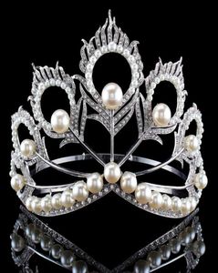 Nowy przybycie duży rozmiar 2017 Miss Universe sama korona pełna runda Regulowana srebrna perła Pear Peather Peather Tiara Pageant 2102035056133