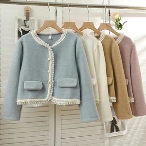 Womens Jackets Mesh Ruched Short Cardigan Women Winter Beading Slim Fit Long Sleeve Woolen Fabric Coat Korean Style Solid Tops 231214