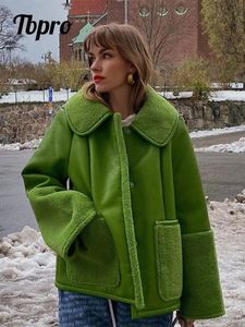 Jaqueta feminina verde pu lã de cordeiro retalhos casacos moda lapela manga longa 2023 outono inverno quente bolso senhora streetwear 231214