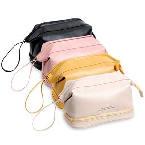 プロのPUレザーメイクアップバッグダブルレイヤー女性用の防水化粧品バッグ用の高容量ポータブルトイレ保管バッグ