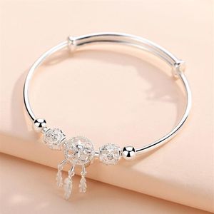 YHAMNI Original 925 Sterling Silver DreamCatcher Bracelet With Feather Tassel Pendant Round Beads Charm Bracelets For Women235R