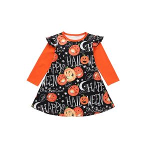 Abiti da bambina piccoli con maniche volanti Halloween Bambini Zucca Fantasma Lettera Manica lunga Abito a-line Abiti Bambini Deisgner Abbigliamento BJ