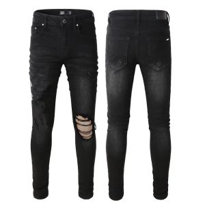 Schwarze Herrenjeans für Männer mit Rissen am Knie und Loch, schmale Passform, Röhrenhose mit Buchstaben-Baby-Print, Biker-Denim, Stretch, Distressed, Motor Fit Tre