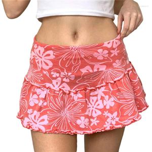 Skirts Xingqing Women's A-Line Mini Skirt 90S High Waist Floral Print Frill Trim Above Knee Short Y2k Style Streetwear