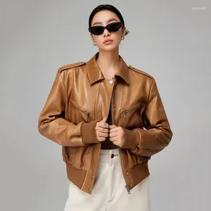 Women's Leather Brown Sheepskin Jacket 2023 Spring Autumn American Style Solid Waxy Medium Ancient Suit Pilot Coat