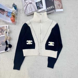 Women's Sweaters Designer Ce Fashion Brand Autumn/Winter New High Neck Zipper Beaded Black and White Contrast Long sleeved Cardigan Knitted Sweater ANYC