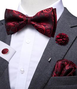 Halsband Hi-Tie Luxury Red Burgundy Silk Men Bowtie Pocket Square Cufflinks Brosch Set Butterfly Knot Bow Tie For Men Wedding Groomsman 231214