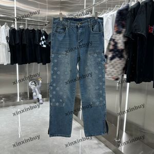 xinxinbuy 2024 män kvinnor designer jeans byxa emboss brev jacquard paris broderi set denim casual byxor svart blå grå xs-2xl