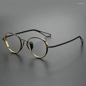 サングラスフレーム最高品質のデザイナーハンドメイドチタン処方メガネメンズラグジュアリーレトロ楕円形の眼鏡フレームアイウェア