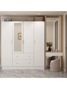 Armário de guarda-roupa com espelho, prateleiras de 5 camadas, 2 gavetas, 2 hastes suspensas e 4 portas, armário de madeira para quarto, branco