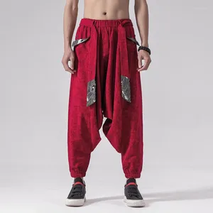 Männer Hosen 2023 Männer Chinesischen Stil Drop Crotch Harem Leinen Breite Bein Hosen Männliche Vintage Kreuz Mann Robe